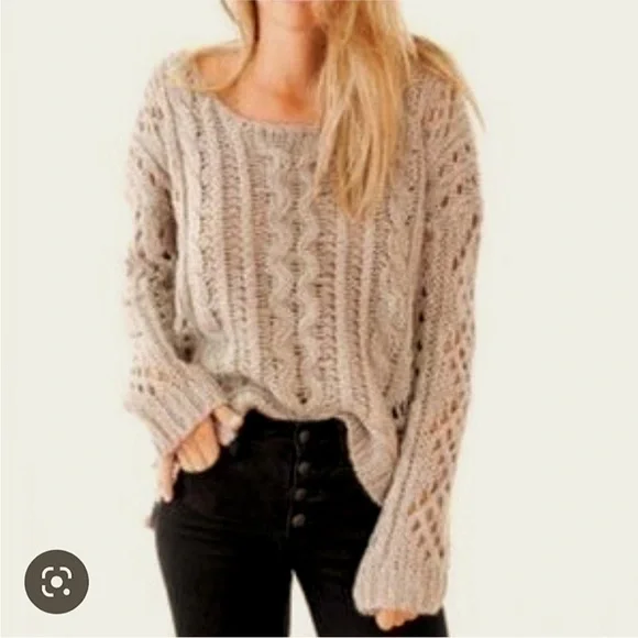 Free People Maribel Sweater Cable Knit in Fawn - Size Medium - Picture 1 of 5